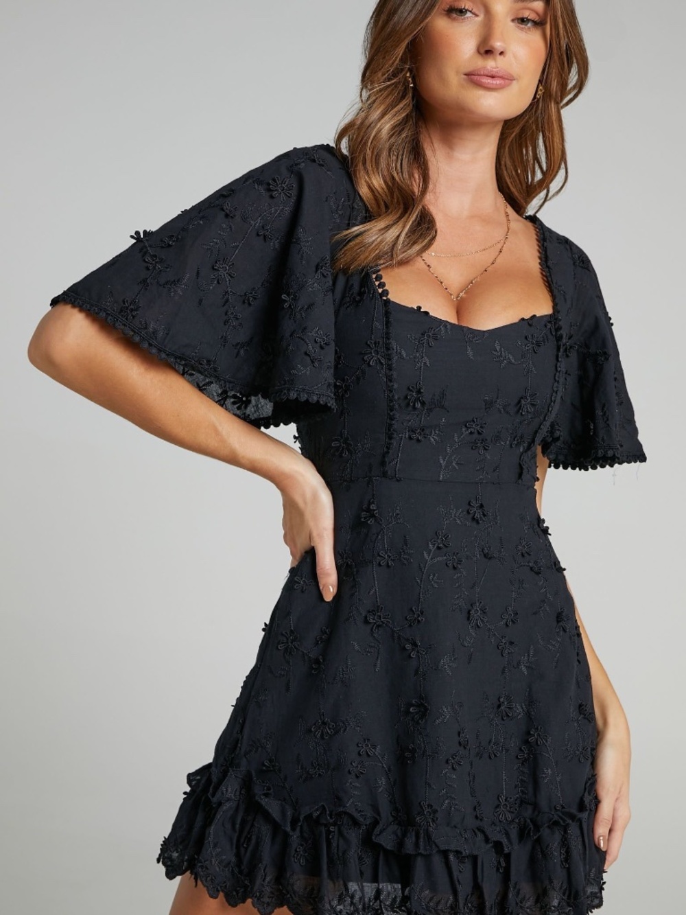 Showpo Fancy A Spritz Black Embroidered Square Neck Mini Dress Sz 8
